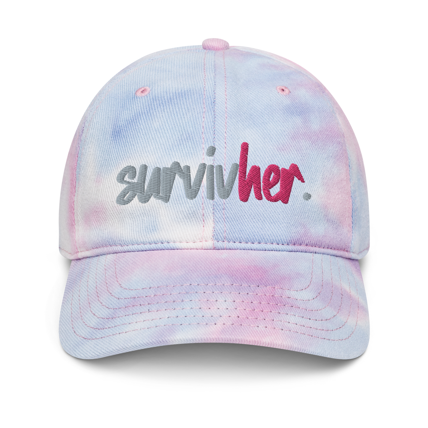 "SurvivHer." Grey & Flamingo Pink Puff Embroidered Tie dye hat