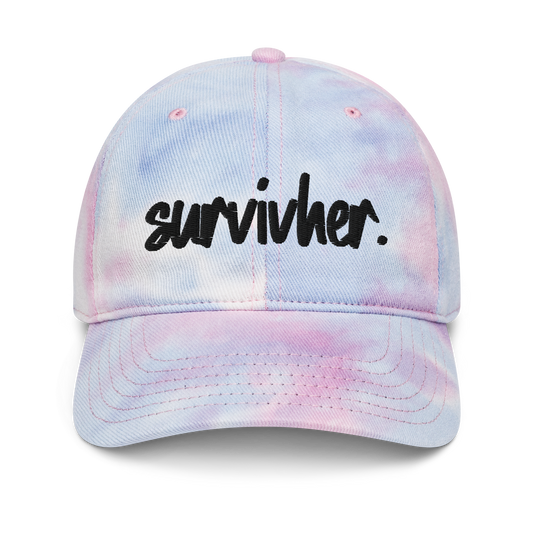 "SurvivHer." Black Puff Embroidered Tie dye hat