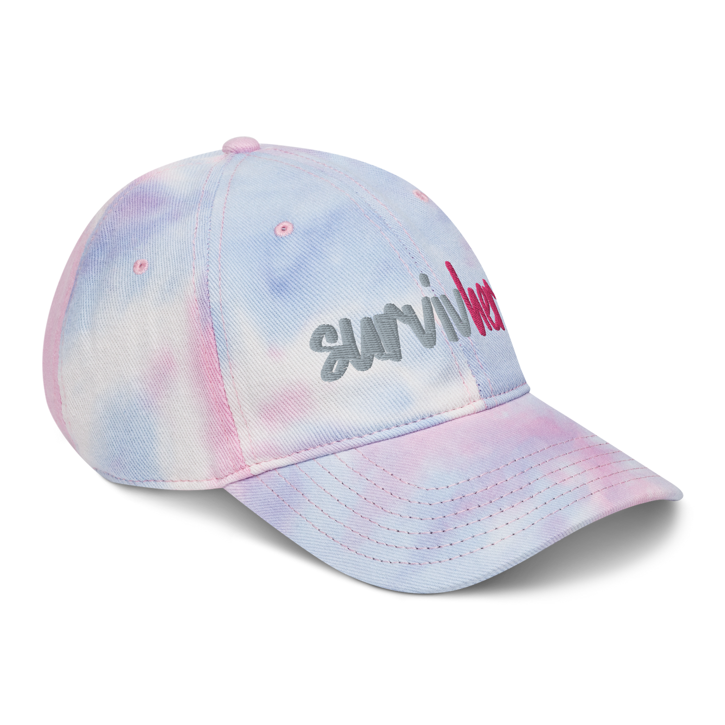 "SurvivHer." Grey & Flamingo Pink Puff Embroidered Tie dye hat