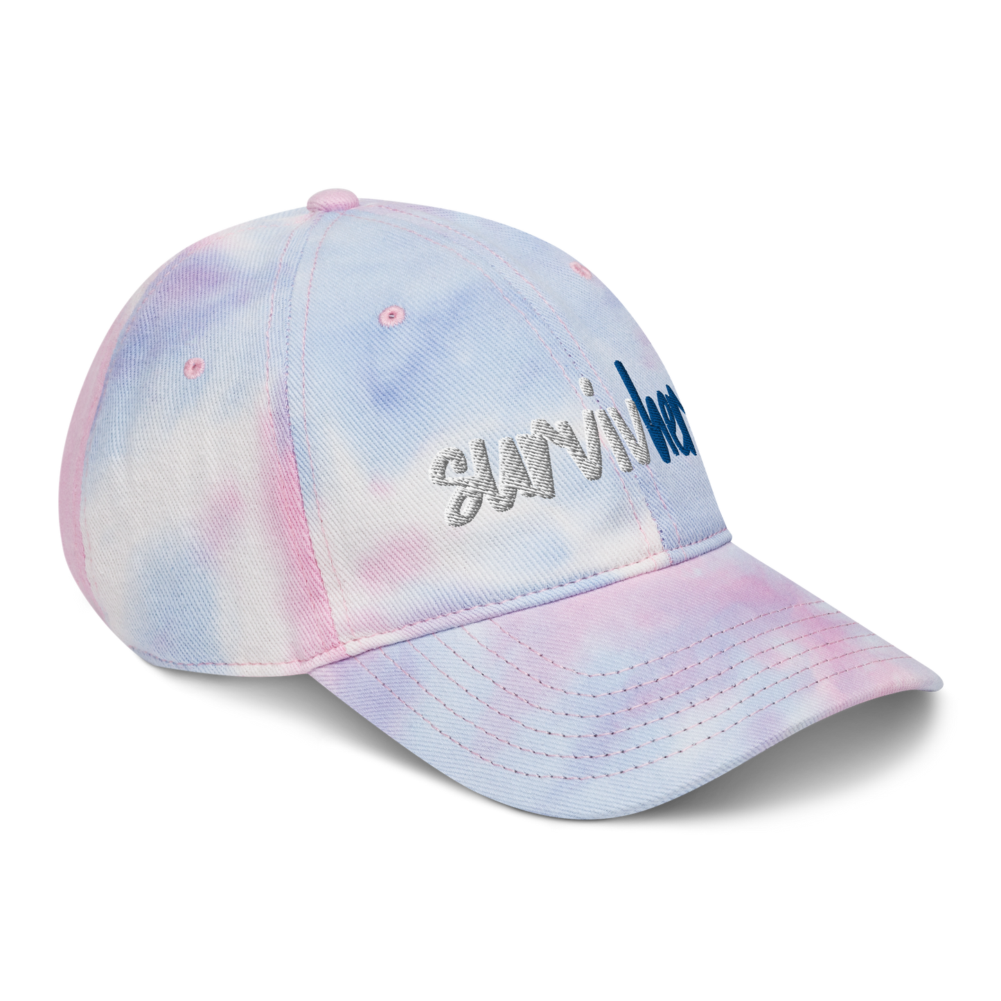 "SurvivHer." White & Blue Puff Embroidered Tie dye hat