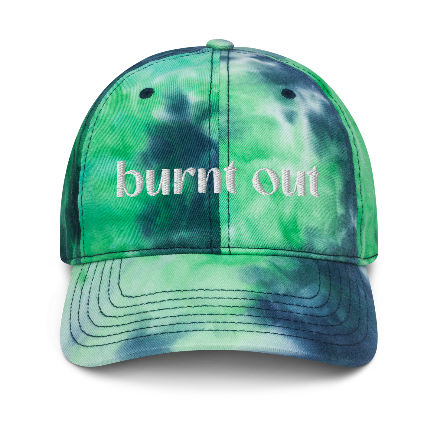 "burnt out" White Puff Embroidered Tie dye hat