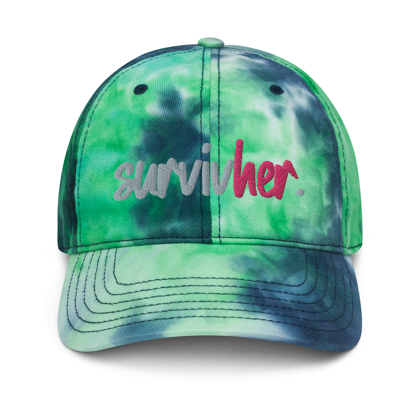 "SurvivHer." Grey & Flamingo Pink Puff Embroidered Tie dye hat