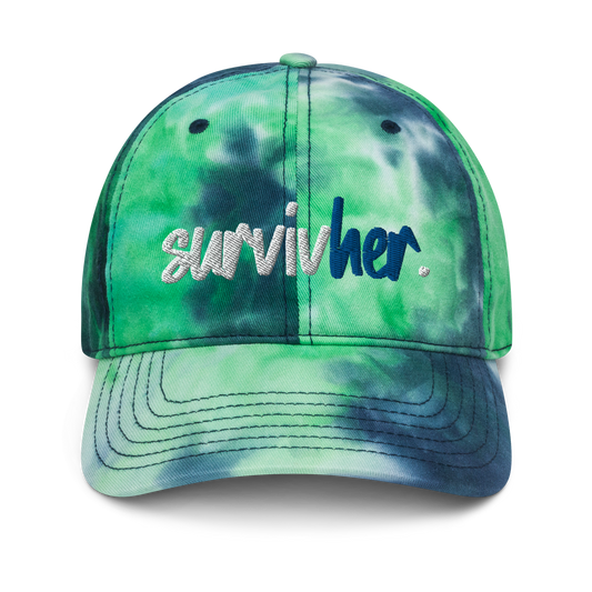 "SurvivHer." White & Blue Puff Embroidered Tie dye hat