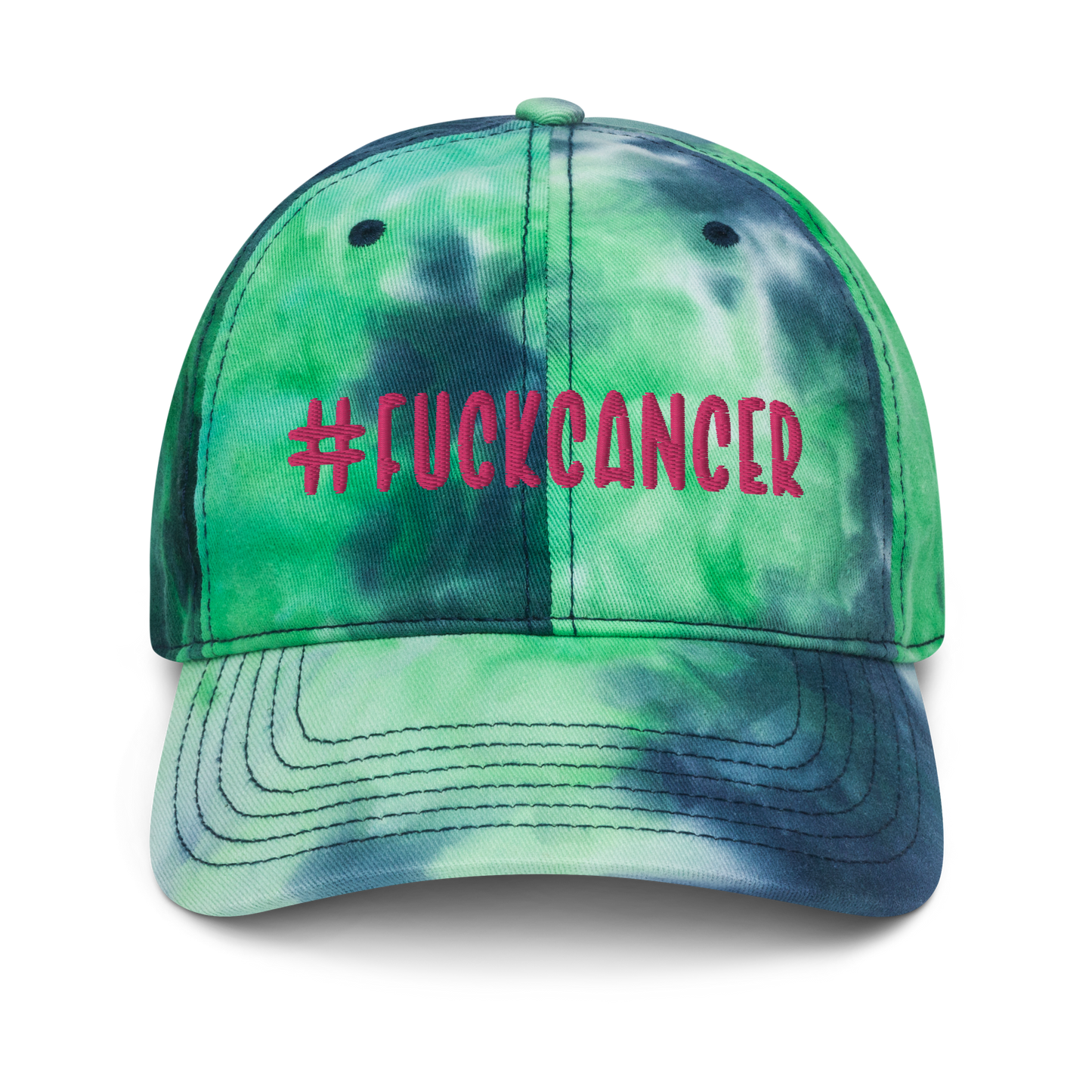 "#fuckcancer" Flamingo Pink Puff Embroidered Tie Dye Hat