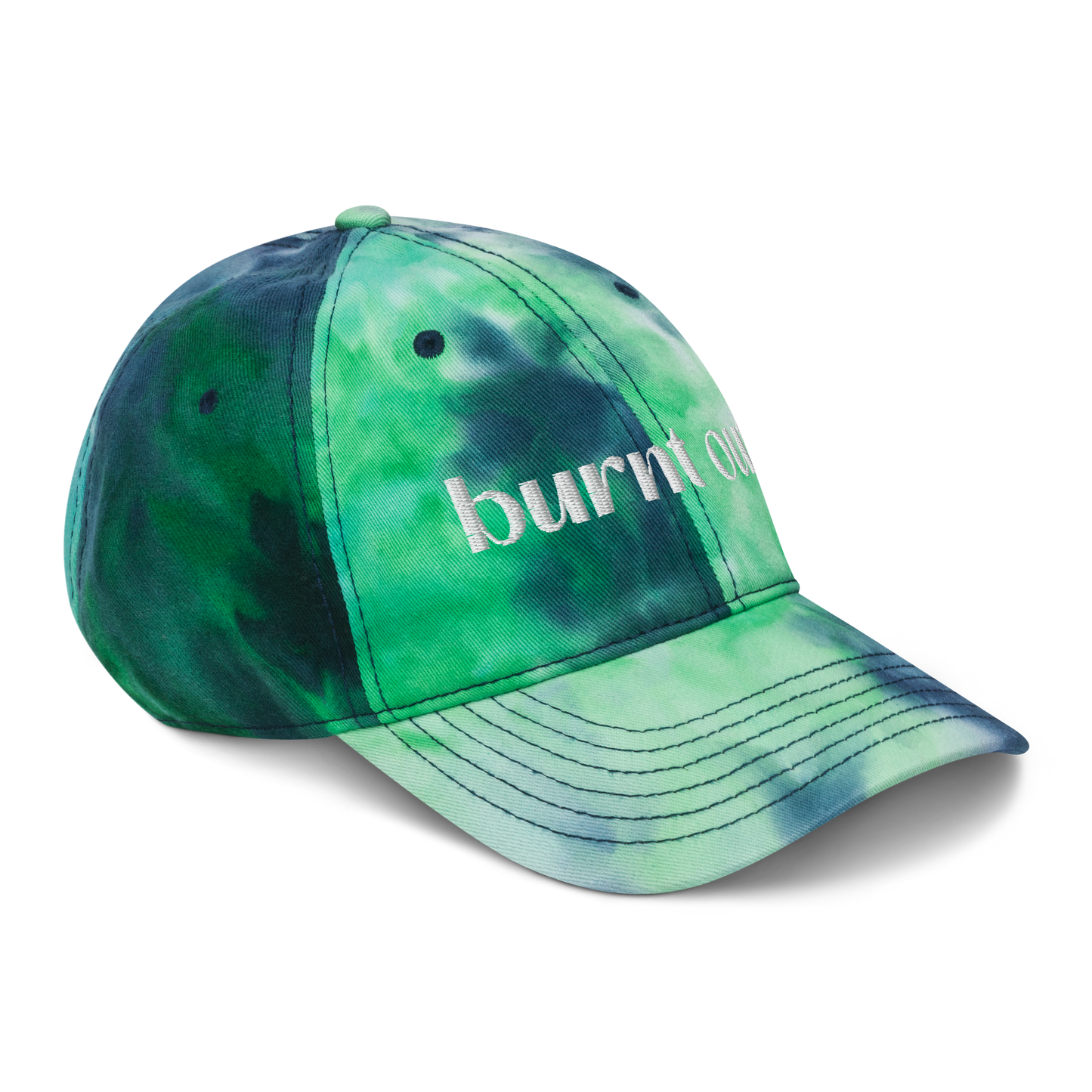 "burnt out" White Puff Embroidered Tie dye hat