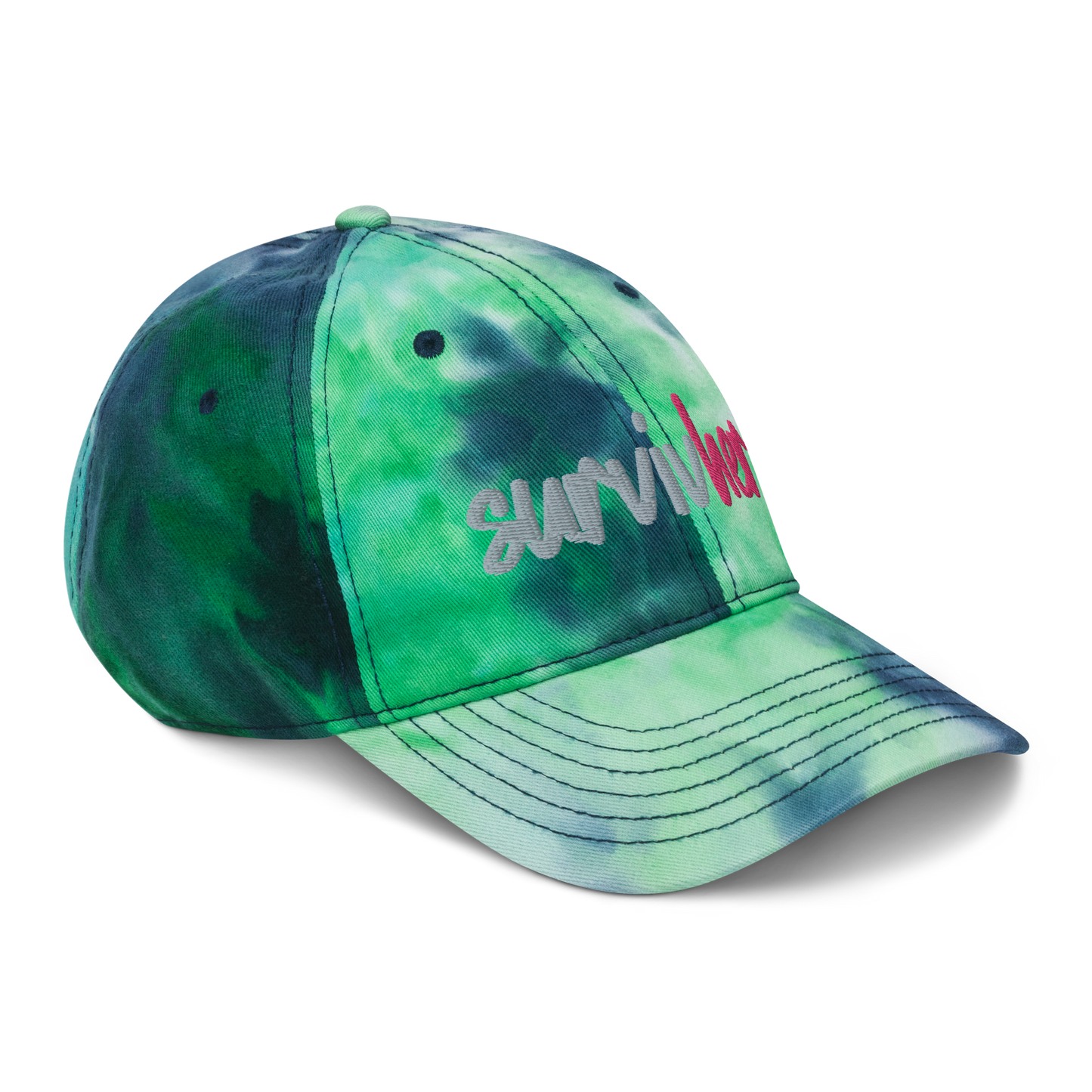 "SurvivHer." Grey & Flamingo Pink Puff Embroidered Tie dye hat