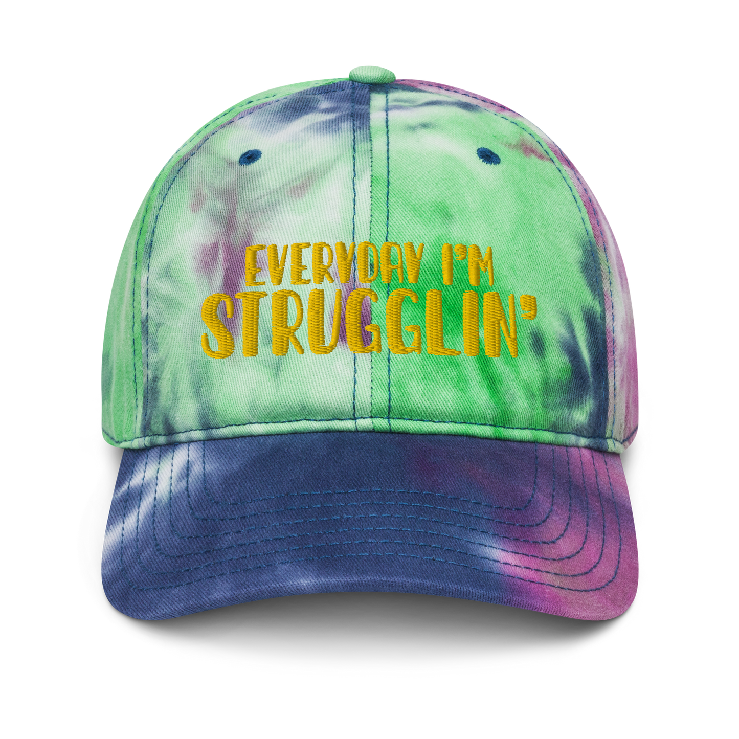 "Everyday I'm Strugglin'" Yellow Puff Embroidered Tie dye hat