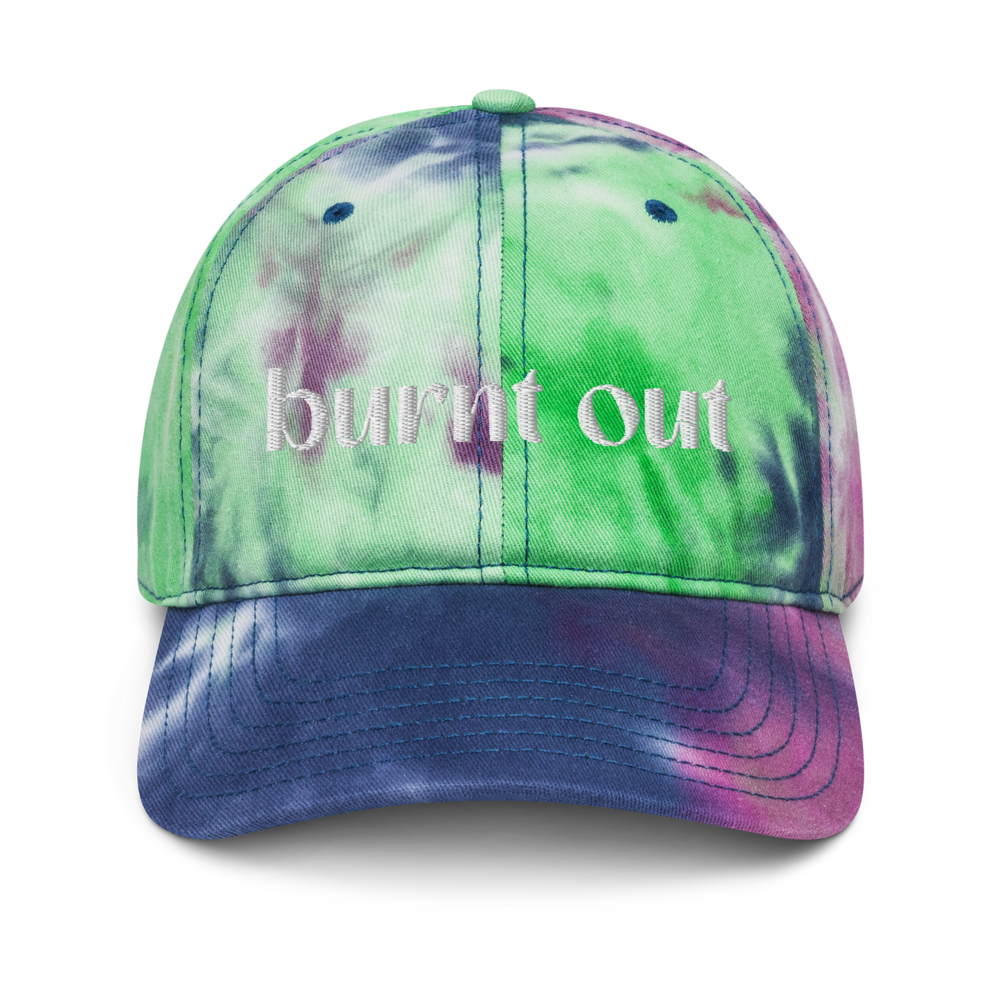 "burnt out" White Puff Embroidered Tie dye hat