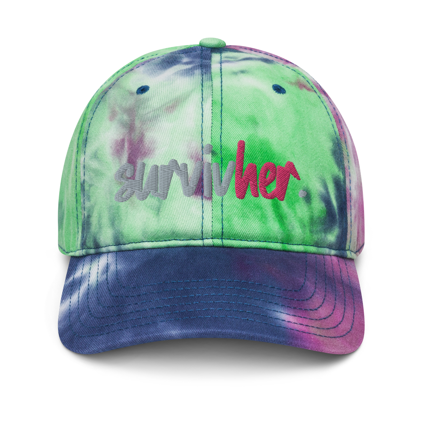 "SurvivHer." Grey & Flamingo Pink Puff Embroidered Tie dye hat