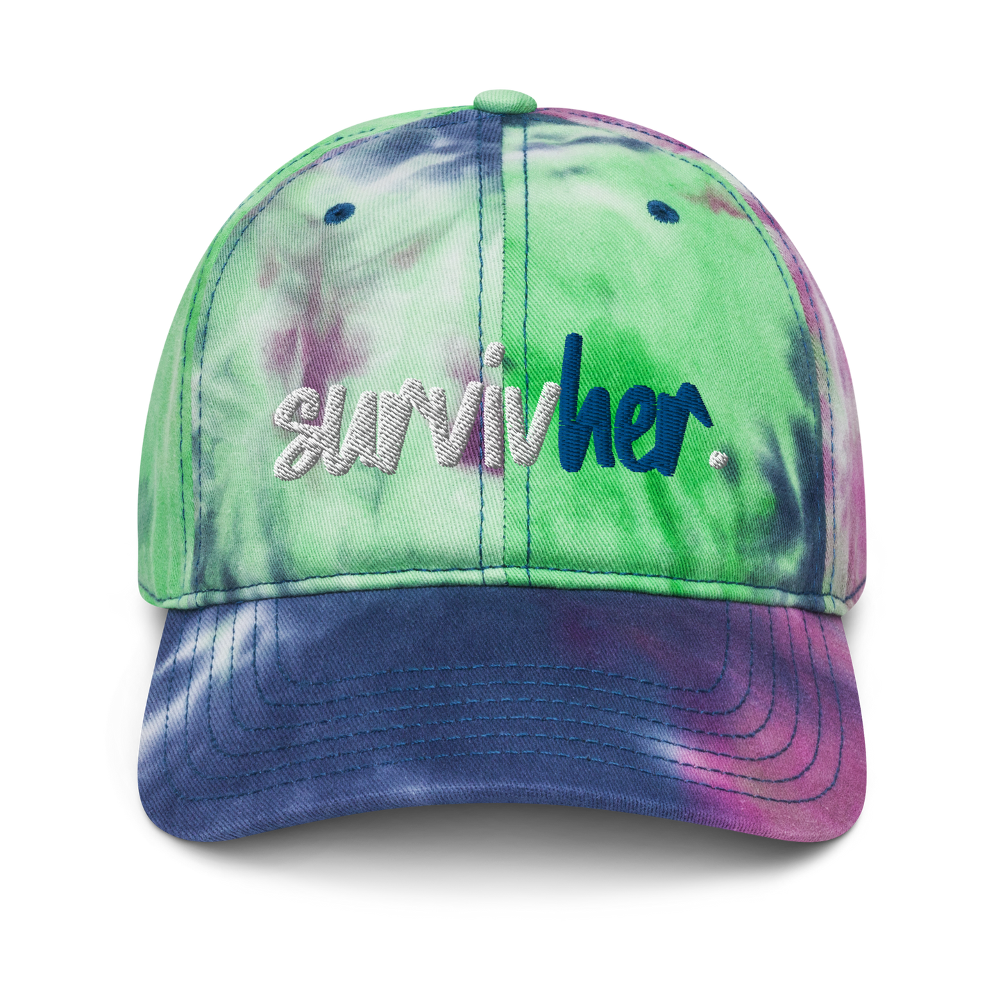 "SurvivHer." White & Blue Puff Embroidered Tie dye hat