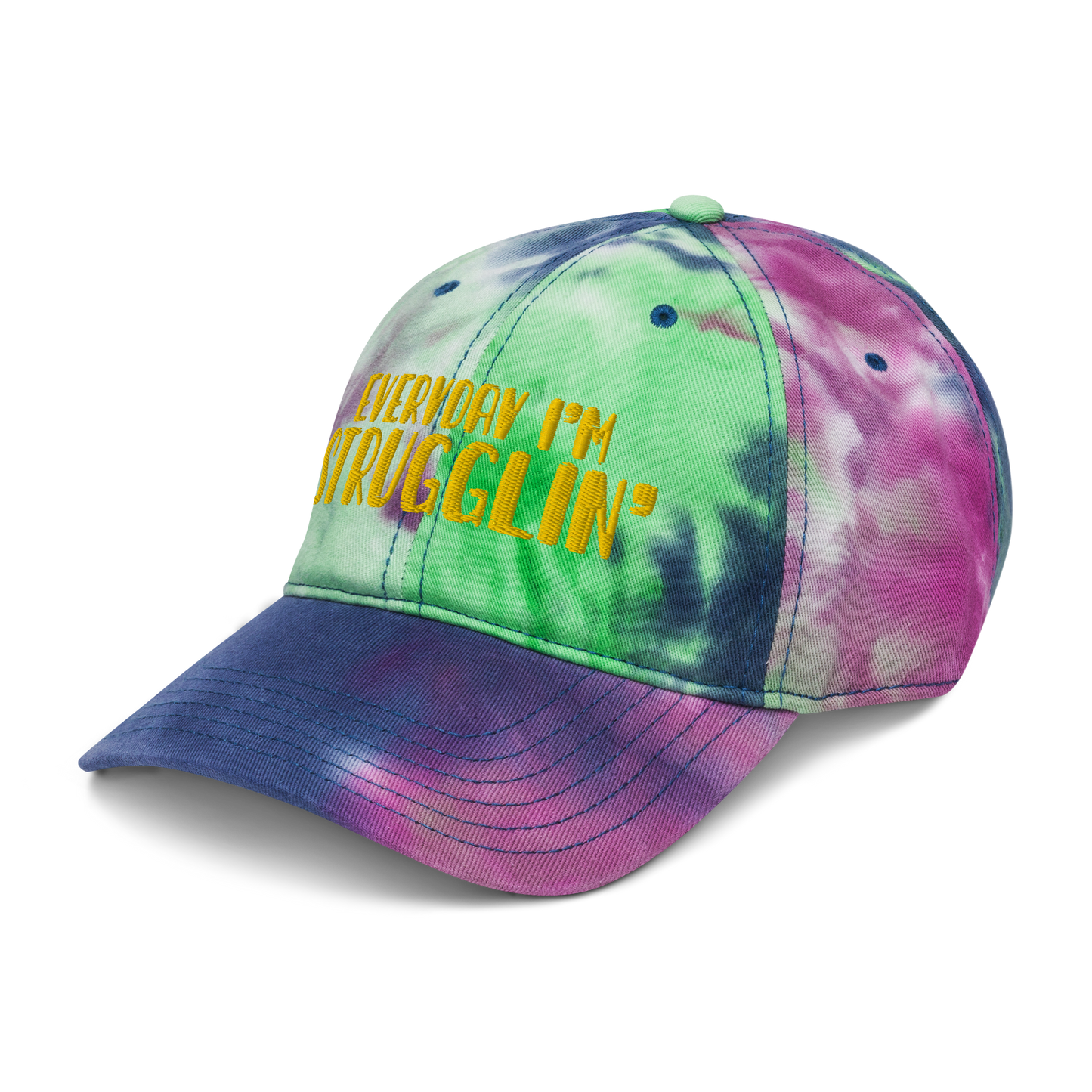 "Everyday I'm Strugglin'" Yellow Puff Embroidered Tie dye hat