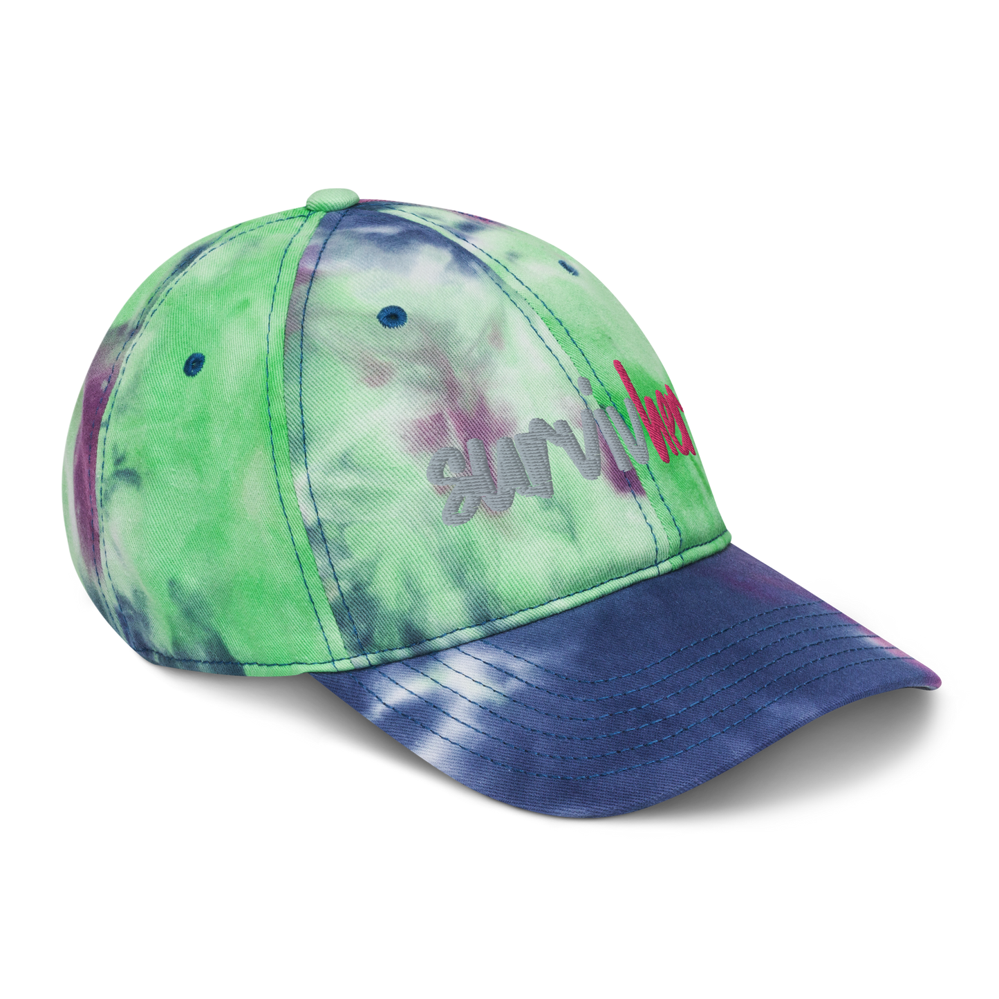 "SurvivHer." Grey & Flamingo Pink Puff Embroidered Tie dye hat