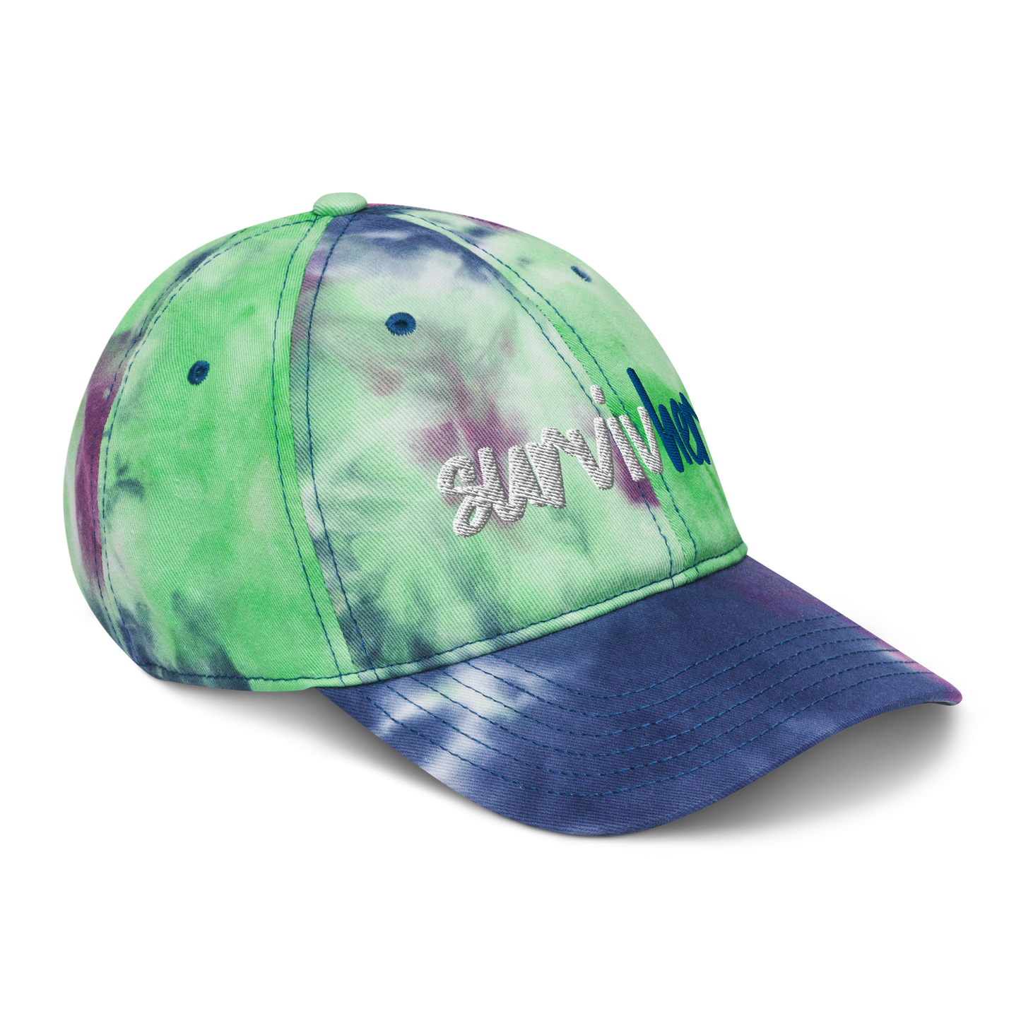 "SurvivHer." White & Blue Puff Embroidered Tie dye hat