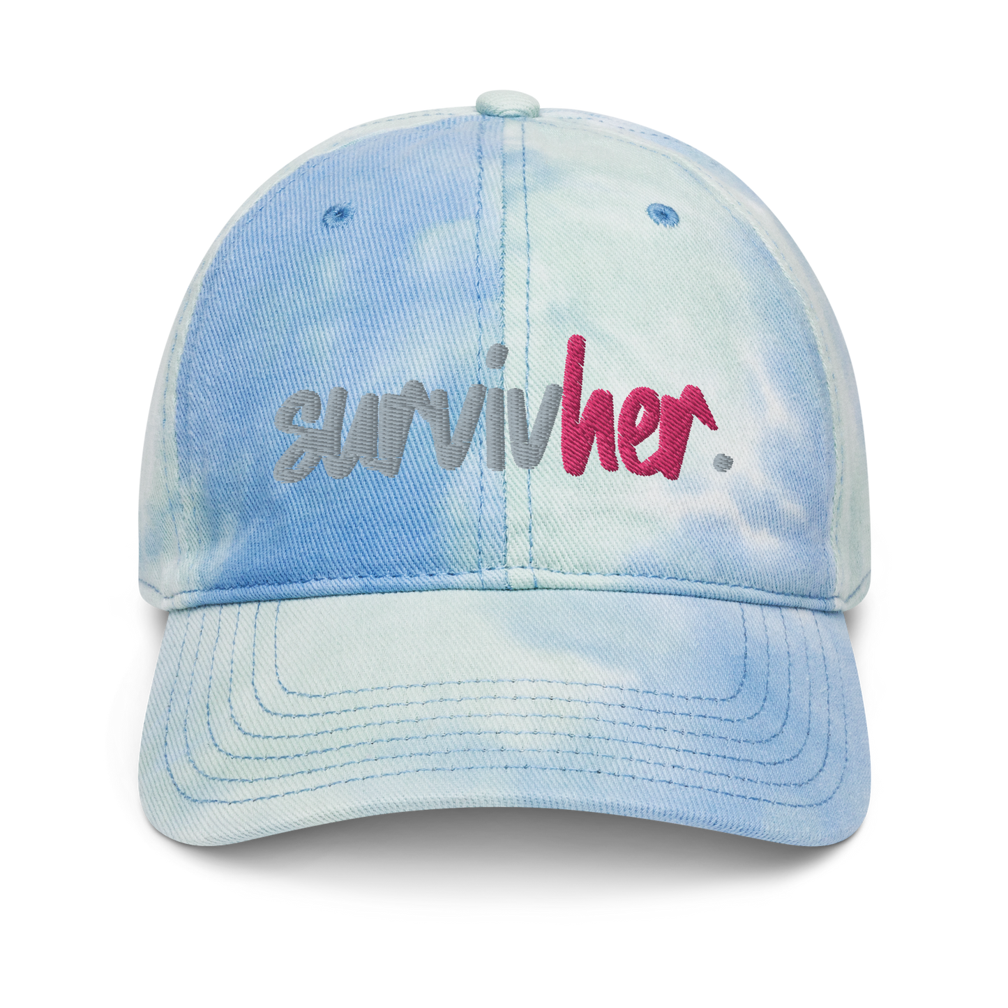 "SurvivHer." Grey & Flamingo Pink Puff Embroidered Tie dye hat