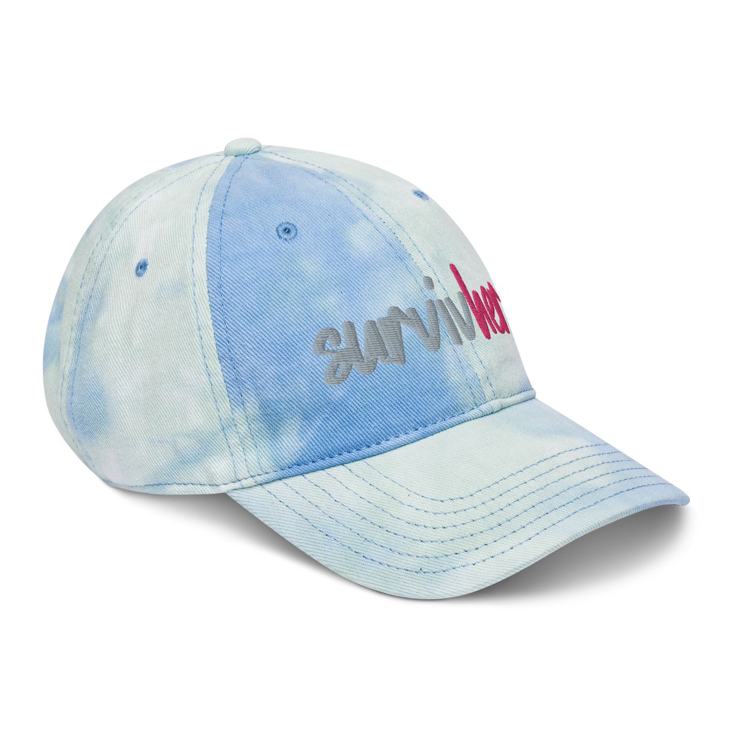 "SurvivHer." Grey & Flamingo Pink Puff Embroidered Tie dye hat