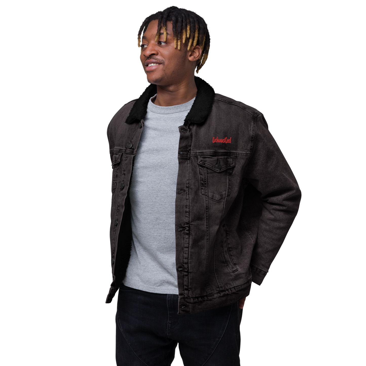 "Exhausted" Denim Sherpa Jacket (Gender Inclusive)