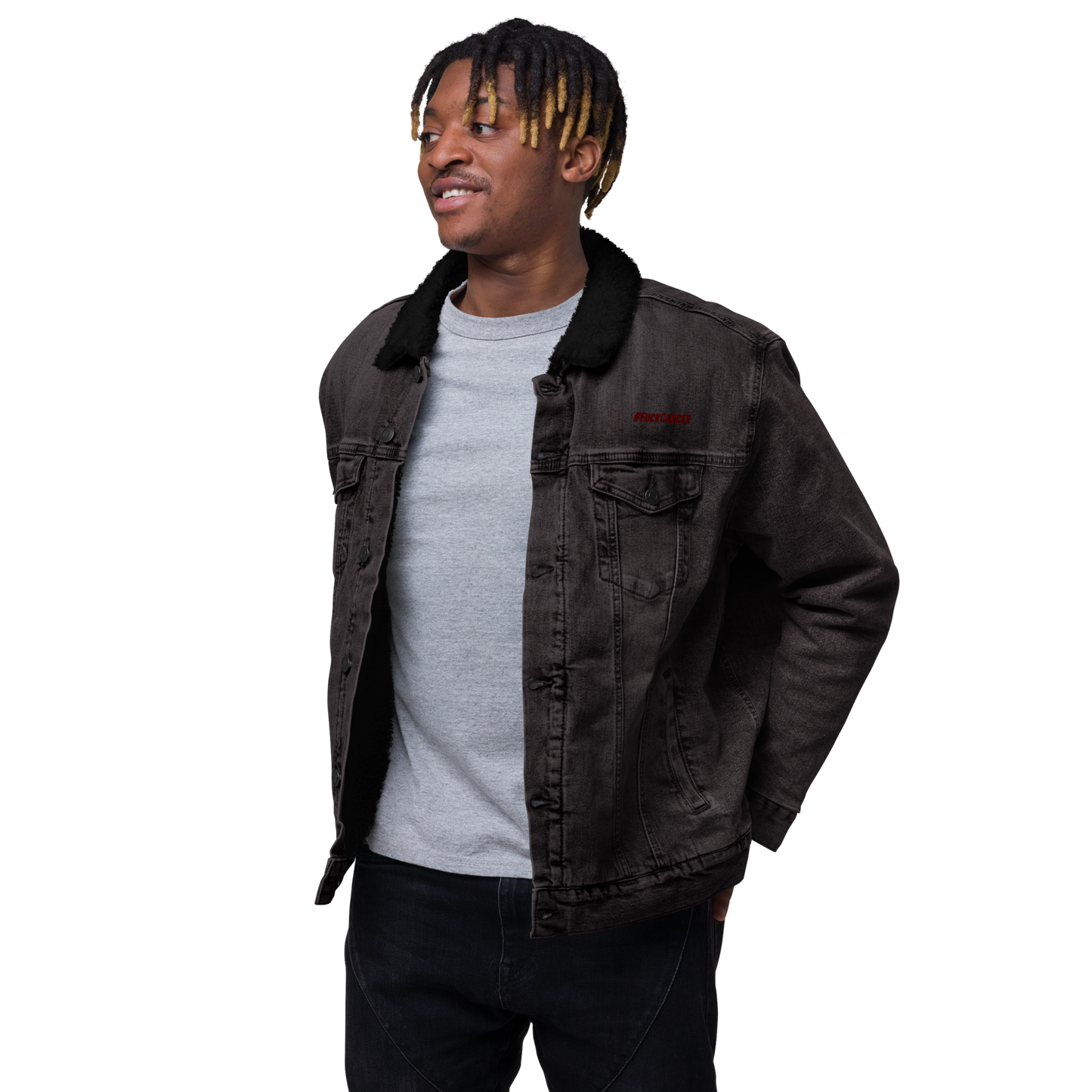 "#FuckCancer" Bold Denim Sherpa Jacket (Gender Inclusive)