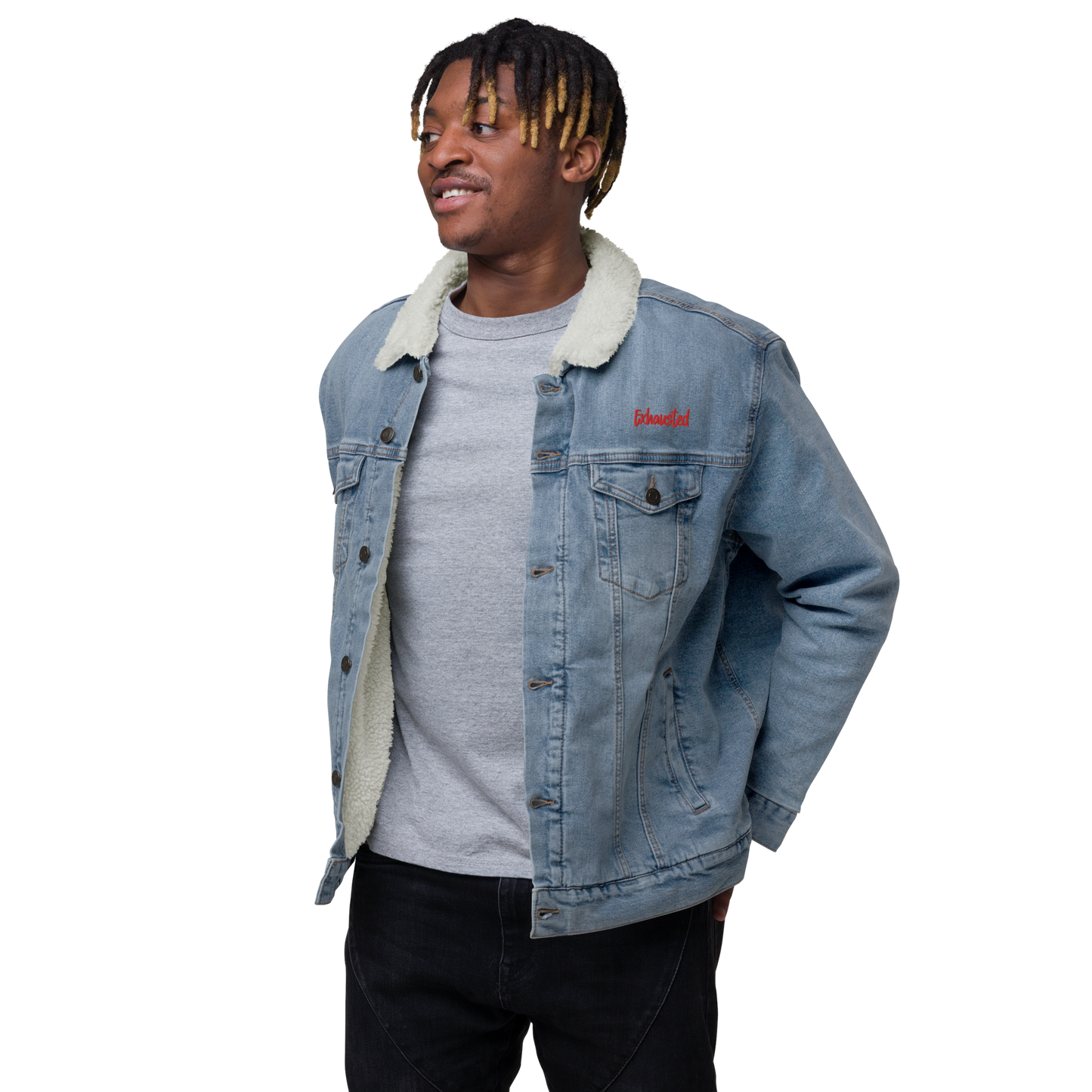 "Exhausted" Denim Sherpa Jacket (Gender Inclusive)