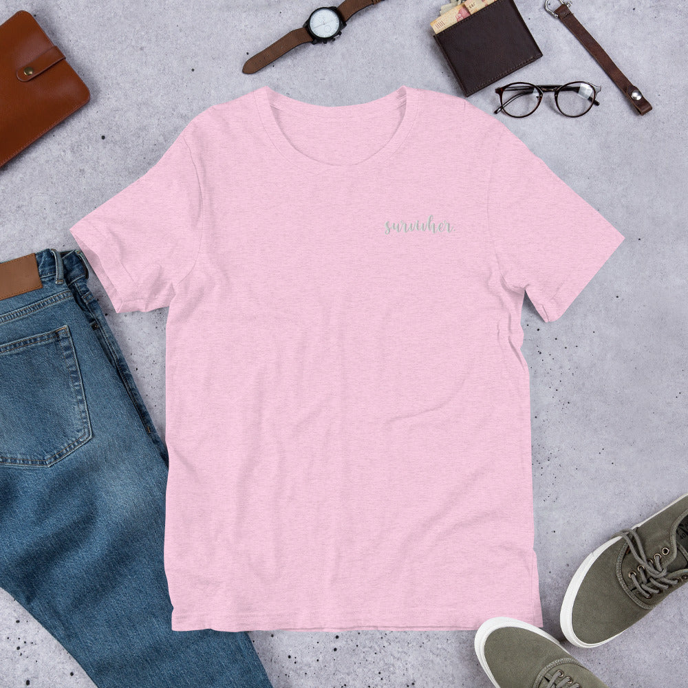 "SurvivHer." Style 2 Heather Coloured - Embroidered Bella & Canvas T-shirt (Gender Inclusive)