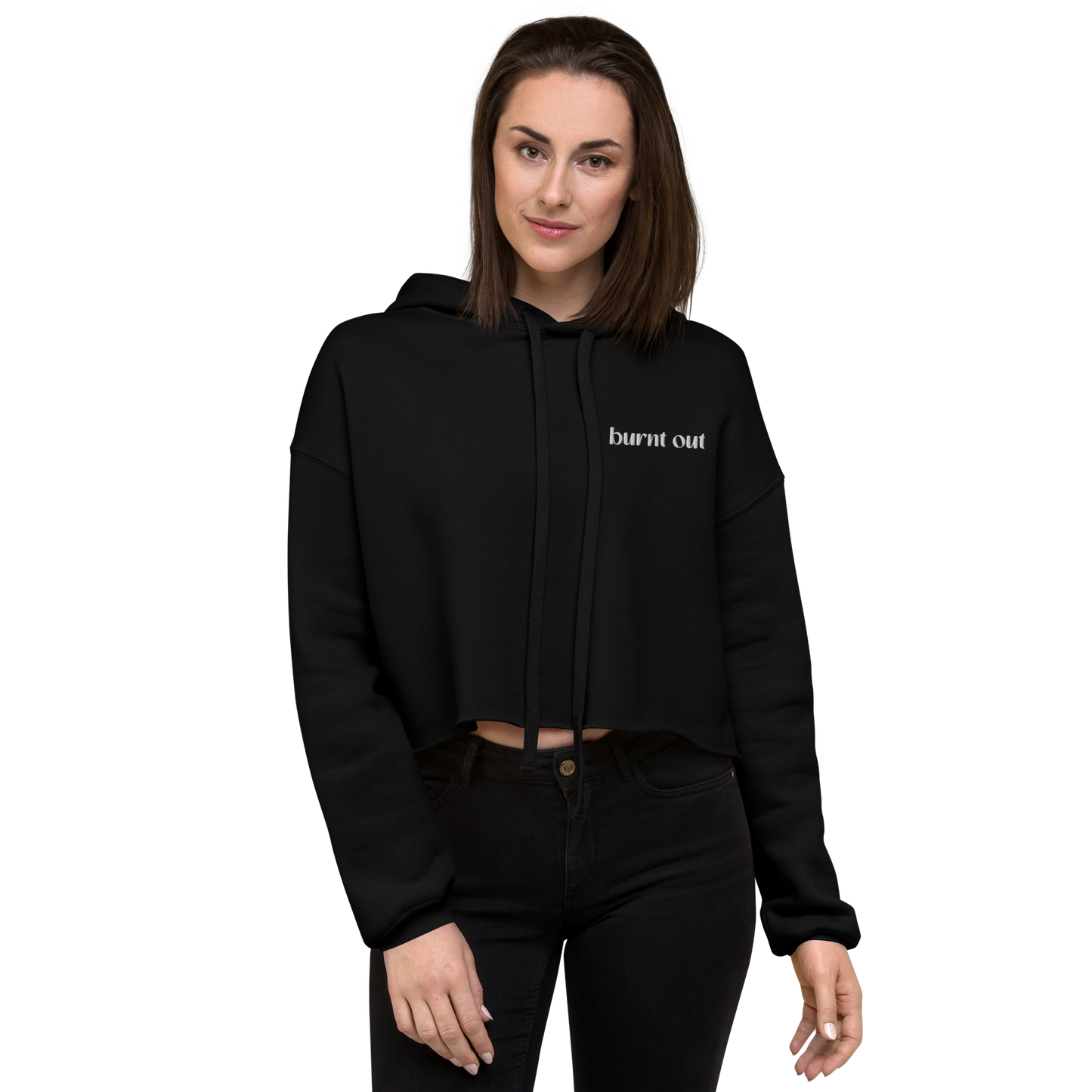 "burnt out" Cropped Raw Edge Hoodie (Gender inclusive)