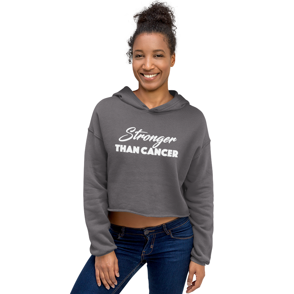 "Stronger Than Cancer" (wt) Style 2 Cropped Raw Edge Hoodie (Gender inclusive)